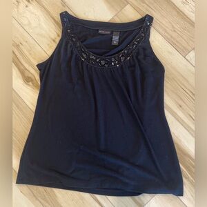 New York & Company Stretch Black Tank Top With Jeweled Neckline Size Large (151)
